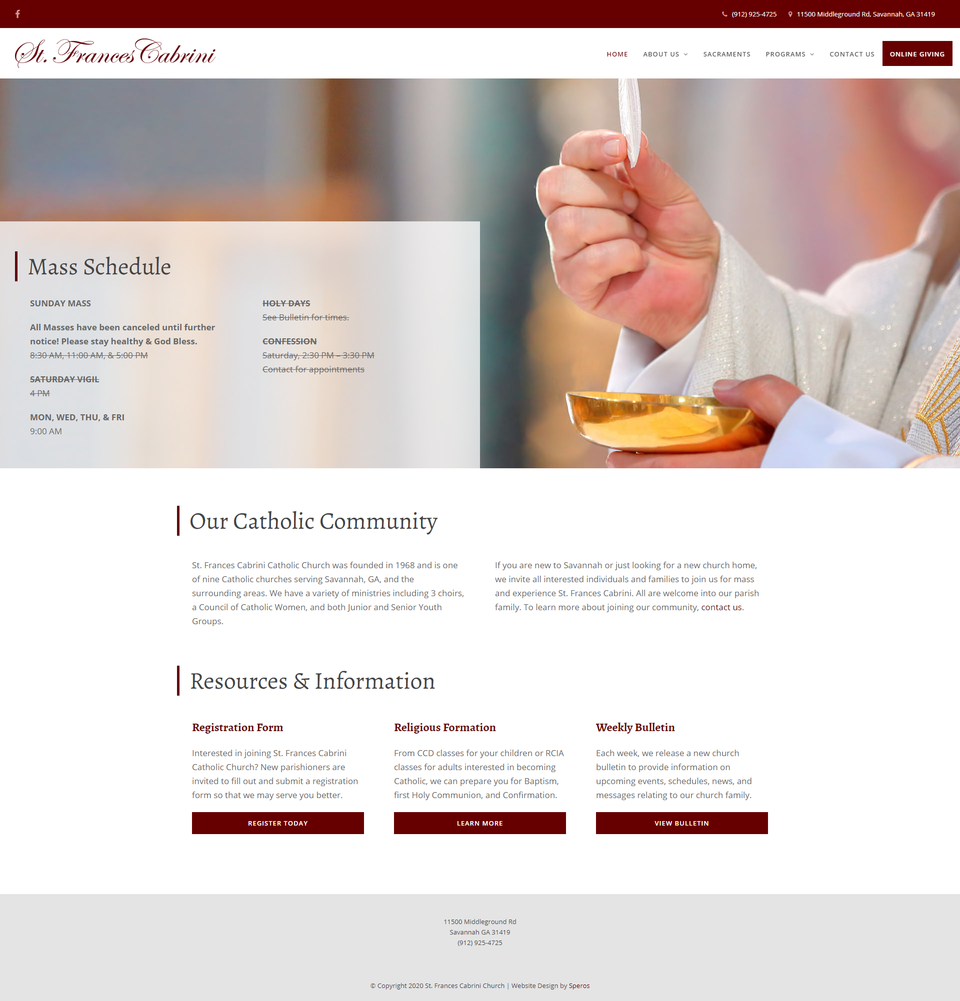 St. Frances Cabrini website homepage - Speros - Savannah, GA